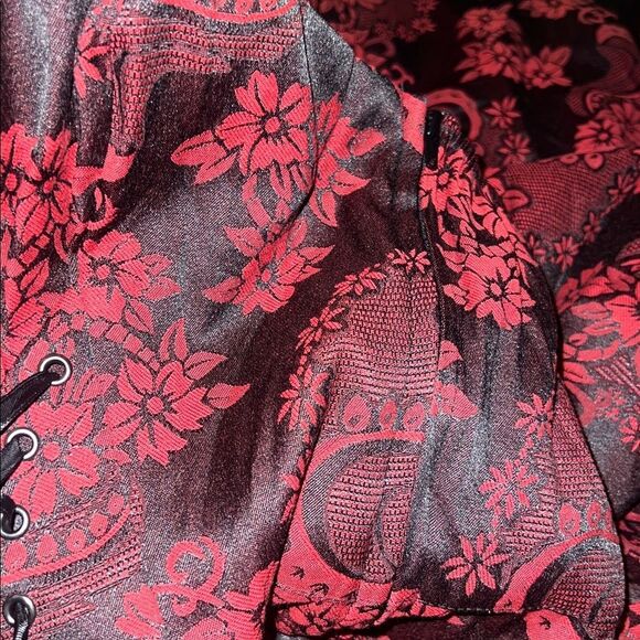 🍒 HEARTS & ROSES Red Black Brocade Sleeveless Lace Up Corset Full Dress Small - Picture 9 of 10